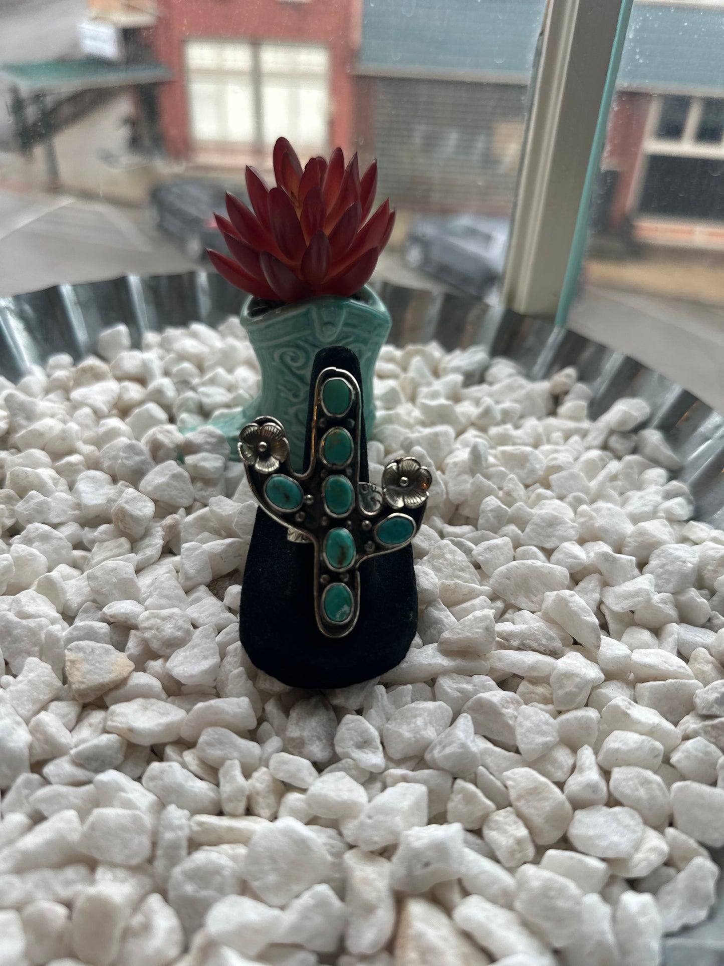 Turquoise and Silver Cactus Ring