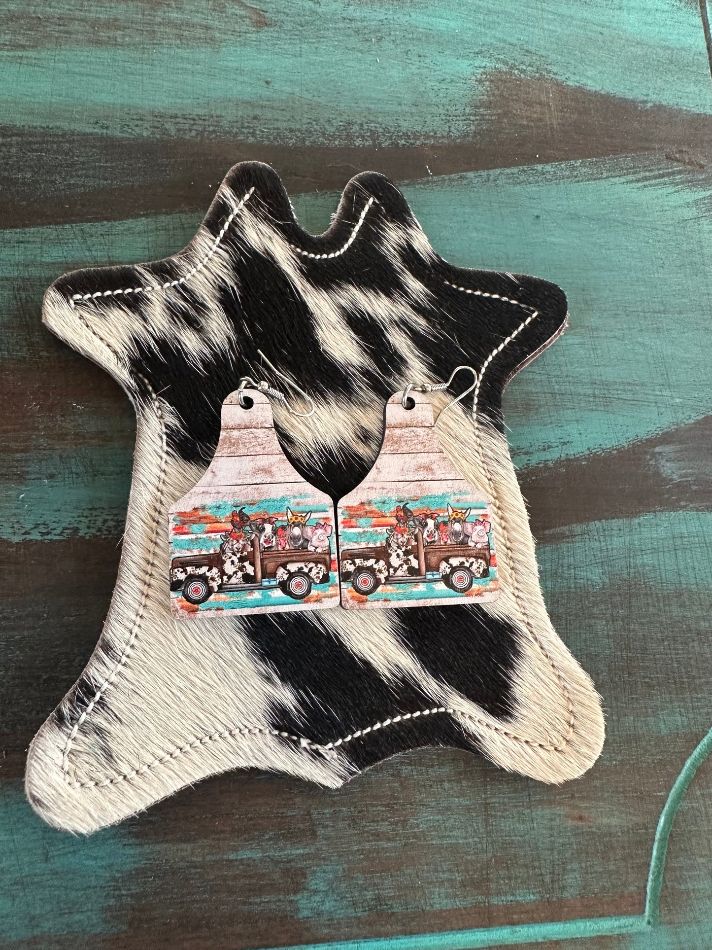 The Wooden Cow Tag Earrings