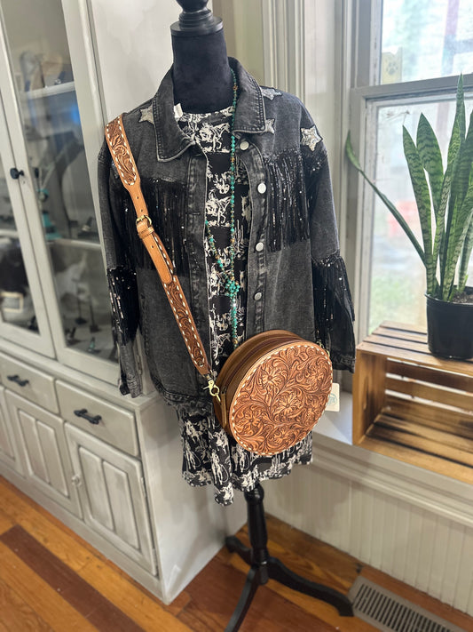 Black Fringe and Star Denim Jacket