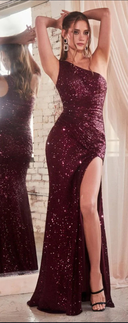 Curve Fitted Sequin One Shoulder Wine