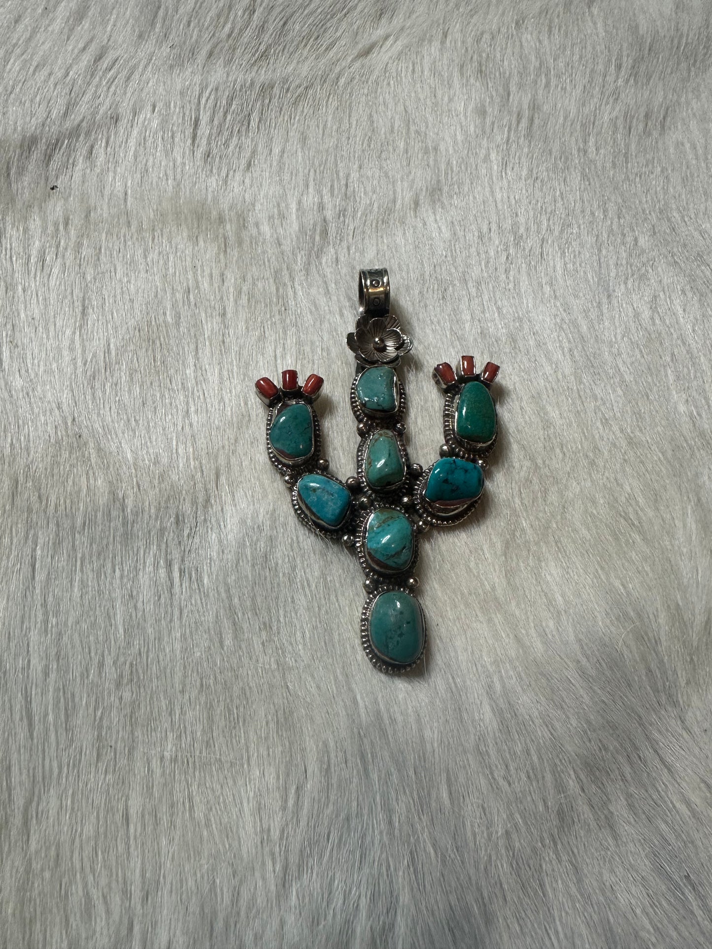 The Turquoise Cactus Pendant with Coral Tops